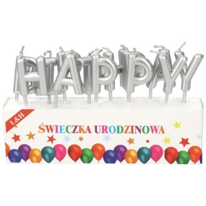 ŚWIECZKA URODZINOWA HAPPY BIRTHDAY SREBRNA