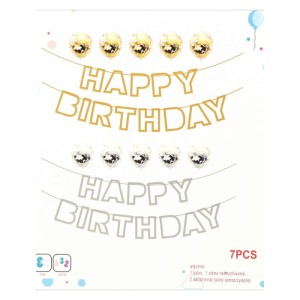 GIRLANDA HAPPY BIRTHDAY BALONY Z KONFETTI SREBRNA