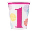 KUBECZKI PAPIEROWE FIRST BIRTHDAY RÓŻOWE GROCHY 8SZT