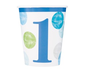 KUBECZKI PAPIEROWE FIRST BIRTHDAY NIBIESKIE GROCHY 8SZT