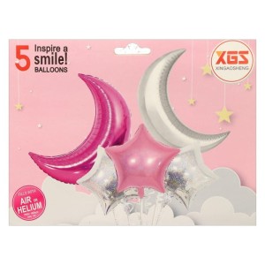 BALONY ZESTAW GWIAZDKI KSIĘZYC RÓZOWO-SREBRNY 5SZT
