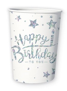 KUBECZKI PAPIEROWEHOLOGRAFICZNE GWIAZDKI HAPPY BIRTHDAY 6SZT