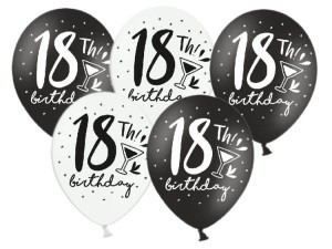 BALONY 18 TH! BIRTHDAY BIAŁO CZARNE 5SZT NA 18 URODZINY OSIEMNASTKĘ