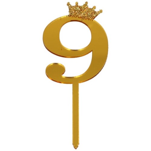 dekoracja topper na tort cyfra złota 9 brokatowa korona