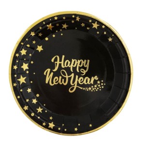 TALERZYKI HAPPY NEW YEAR 6SZT CZARNO ZŁOTE 18CM SYLWESTER