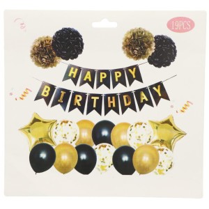 ZESTAW DEKORACJI GIRLANDA HAPPY BIRTHDAY CZARNO-ZŁOTA 19SZT