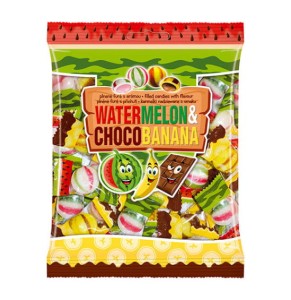 KARMELKI NADZIEWANE BANANOWO-CZEKOLADOWE I MELONOWE 300G,
