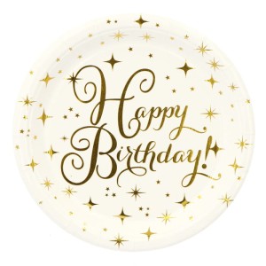 TALERZYKI PAPIEROWE ZŁOTE HAPPY BIRTHDAY 18CM 6SZT