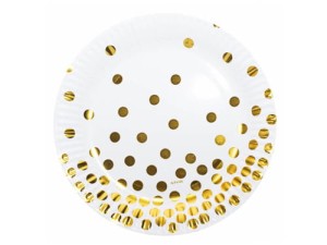TALERZYKI PAPIEROWE BIAŁE W ZŁOTE KROPKI 18CM 6SZT NA KOMUNIĘ ŚWIĘTĄ, CHRZEST