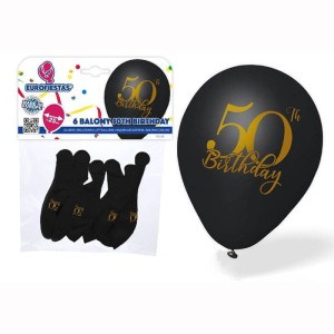 BALONY NA  50 URODZINY  CZARNO ZŁOTE  25CM (6SZT)