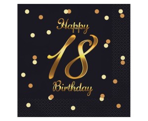 SERWETKI HAPPY 18 BIRTHDAY CZARNE NADRUK ZŁOTY 33X33CM 20SZT