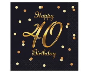 SERWETKI NA 40 URODZINY BIRTHDAY CZARNE NADRUK ZŁOTY 20SZT