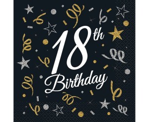 SERWETKI na 18 URODZINY OSIEMNASTKĘ 18TH BIRTHDAY CZARNE 33X33CM 20SZT