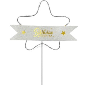 TOPPER DEKORACJA GWIAZDA SREBRNA HAPPY BIRTHDAY LED 17CM