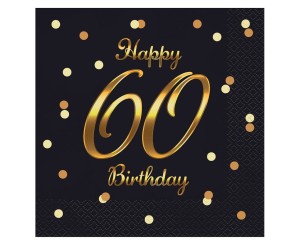 SERWETKI HAPPY 60 BIRTHDAY CZARNE NADRUK ZŁOTY 33X33CM 20SZT