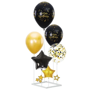 BALONY HAPPY BIRTHDAY CZARNO-ZŁOTE 6 SZT ZESTAW ZE STOJAKIEM