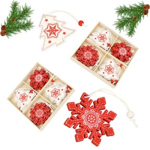 ZAWIESZKI BOMBKI DREWNIANE NA BOŻE NARODZENIE ŚNIEŻYNKA MIX 12SZT