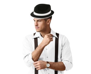 KAPELUSZ GANGSTER CZARNY Z BIAŁĄ LAMÓWKĄ