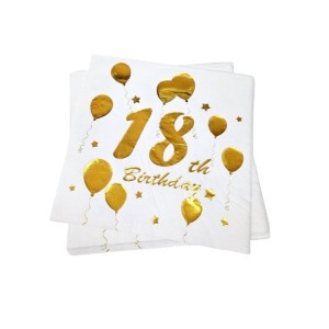 SERWETKI 18 TH BIRTHDAY BALONY BIAŁO ZŁOTRE 33X33CM 10SZT