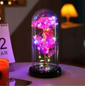 ŚWIECĄCA WIECZNA RÓŻA W SZKLE 2 SZT NA WALENTYNKI 22CM  RÓŻOWA USB