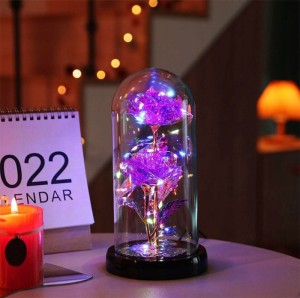 ŚWIECĄCA WIECZNA RÓŻA W SZKLE 2 SZT NA WALENTYNKI 22CM FIOLETOWA USB