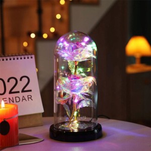 ŚWIECĄCA WIECZNA RÓŻA W SZKLE 2 SZT NA WALENTYNKI 22CM OPALIZUJĄCA USB