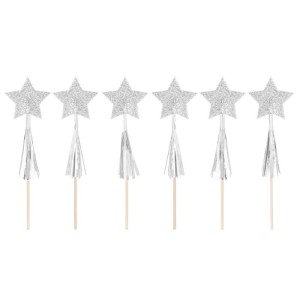 DEKORACJA TOPPER TOPPERY NA TORT GWIAZDKI SREBRNE 6SZT