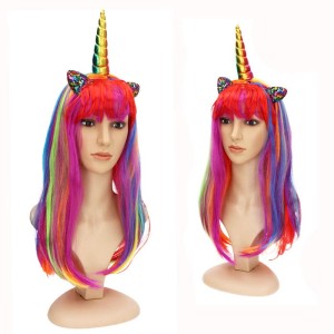 DŁUGA TĘCZOWA PERUKA JEDNOROŻEC UNICORN Z ROGIEM