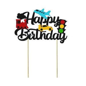 TOPPER NA TORT BROKATOWY POJAZDY HAPPY BIRTHDAY