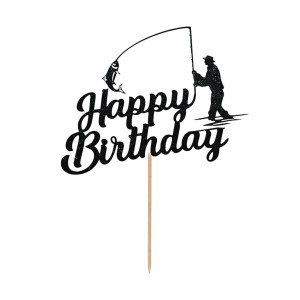 BROKATOWY TOPPER NA TORT HAPPY BIRTHDAY CZARNY WĘDKARZ