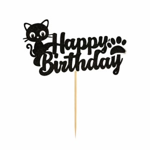 TOPPER NA TORT BROKATOWY HAPPY BIRTHDAY Z KOTKIEM CZARNY