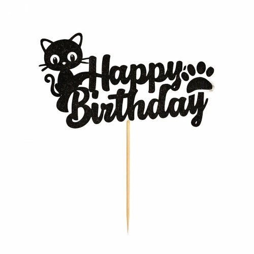 TOPPER NA TORT BROKATOWY HAPPY BIRTHDAY Z KOTKIEM CZARNY