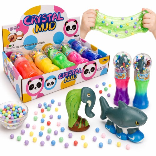 GLUTEK SLIME TĘCZOWY NEONOWY Z GNIOTKIEM I KULECZKAMI 6 SZT