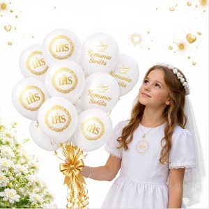 BALONY KOMUNIJNE  ZESTAW BALONÓW IHS PIERWSZA KOMUNIA ŚWIĘTA MIX 12 SZT