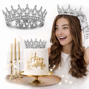 TOPPER DEKORACJA NA TORT KORONA SREBRNA KRYSZTAŁKI TIARA 
