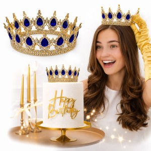 TOPPER DEKORACJA NA TORT KORONA ZŁOTA GRANATOWE KRYSZTAŁKI TIARA  