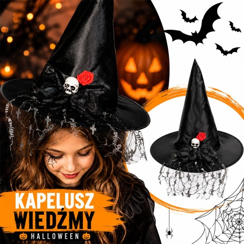 KAPELUSZ WIEDŹMY CZAROWNICY CZASZKA CZACHA HALLOWEEN