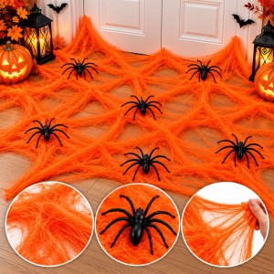 POMARAŃCZOWA PAJĘCZYNA Z 6 PAJĄKAMI DEKAORACJA HALLOWEEN