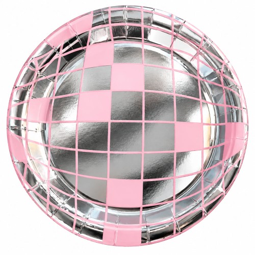 TALERZYKI PAPIEROWE 18 CM DISCO KULA SREBRNO RÓŻOWE 10 SZT
