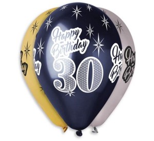 BALONY METALICZNE LICZBA 30 URODZINY, HAPPY BIRTHDAY, 6 SZT., 12"
