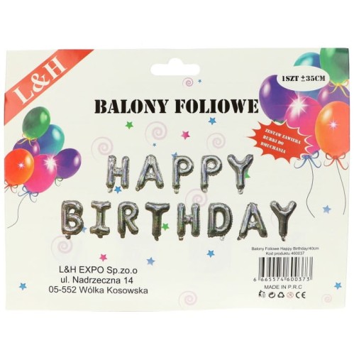 balon happy birthday srebrny holograficzny