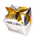 BALON 22" PREZENT SREBRNY ZE ZŁOTĄ KOKARDĄ 3D