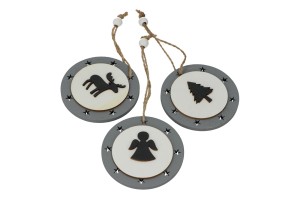 ZAWIESZKI DREWNIANE SZARO BIAŁE OKRĄGŁE BOŻE NARODZENIE MIX 12SZT